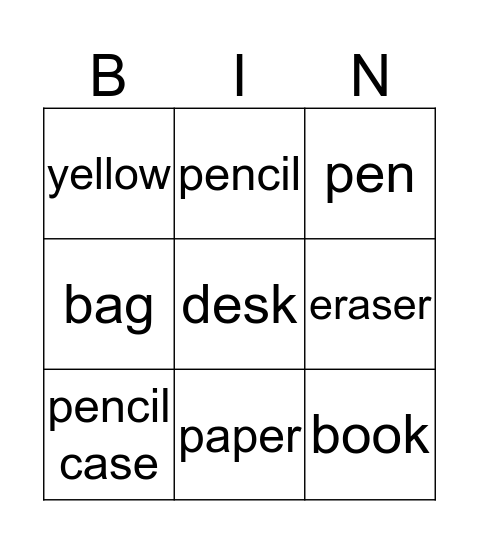 My School Bingo Card