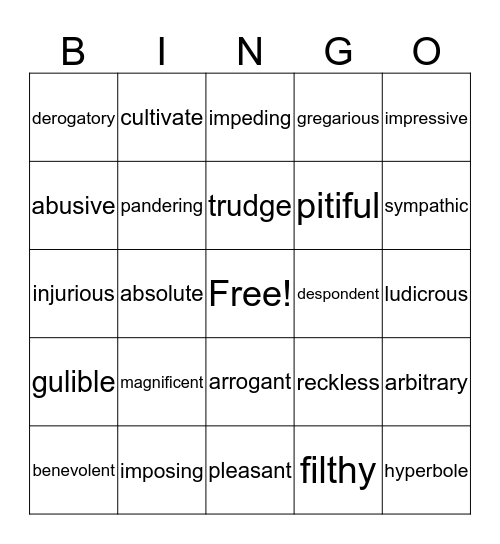 Vocabulary. MP1 Bingo Card