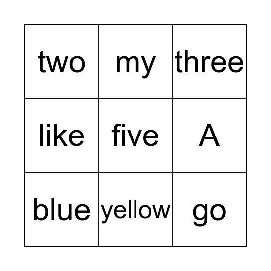 Sight Word Bingo Card