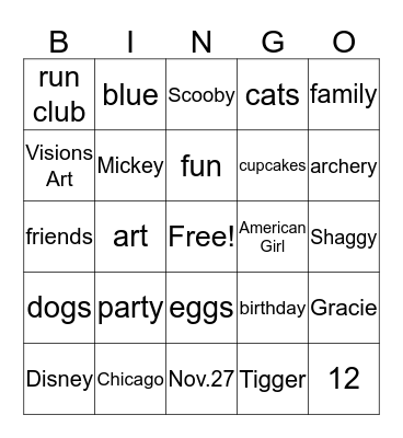 Becca's Birthday Bingo Card