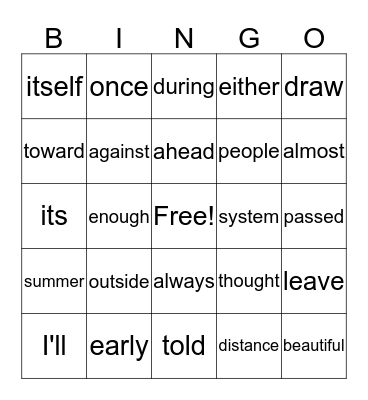 Sight Words Bingo Card