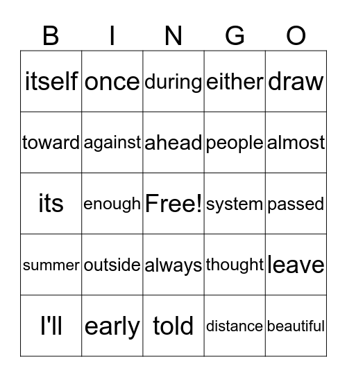 Sight Words Bingo Card