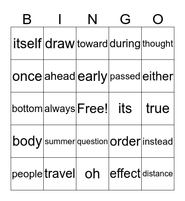 Sight Words Bingo Card
