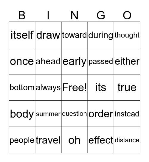 Sight Words Bingo Card