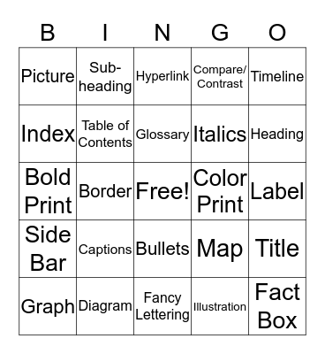 Text Feature Bingo Card