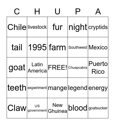 Chupacabra Bingo Card