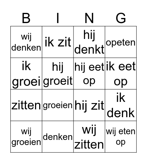 werkwoorden Bingo Card
