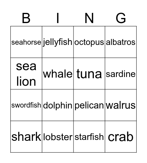 Sea animals! Bingo Card