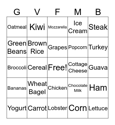 Nutrition Bingo Card