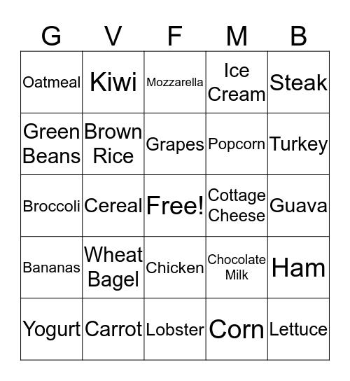 Nutrition Bingo Card