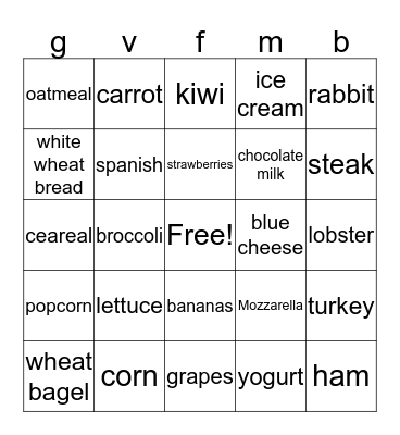 Nutrition Bingo Card
