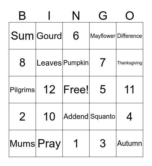 Autumn Math Bingo Card