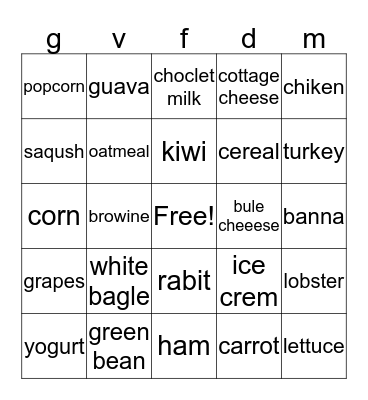 nurtuion bingo Card