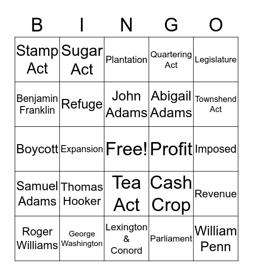 SS 8th  Bingo Card