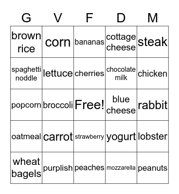 Nutrition Bingo Card