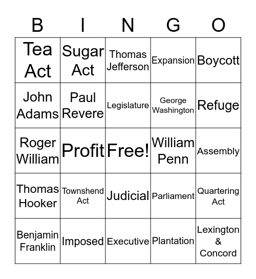 8th SS Vocabulary Bingo Card