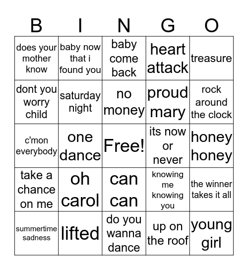 ABBA AND MANY MORE Bingo Card