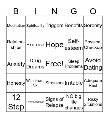 EARLY RECOVERY BINGO Card