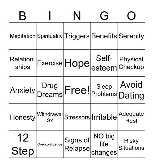 EARLY RECOVERY BINGO Card