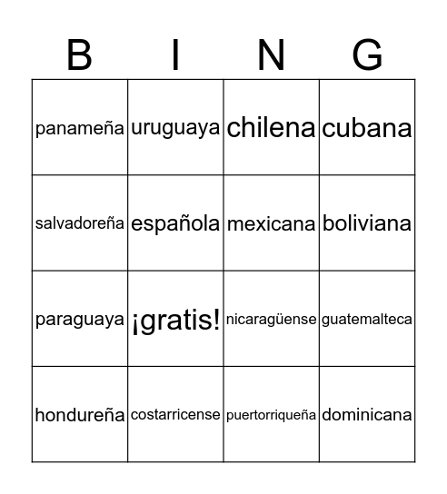 nacionalidades Bingo Card