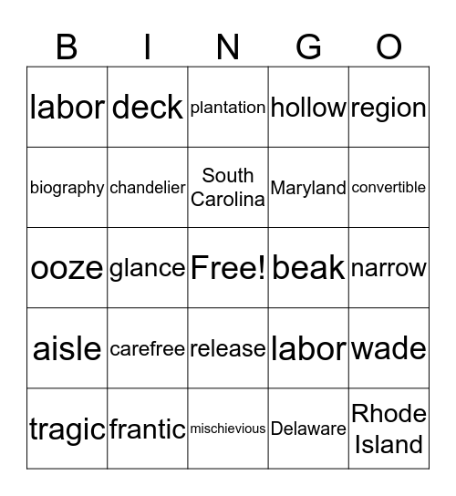 First Quarter Vocabulary Bingo Card