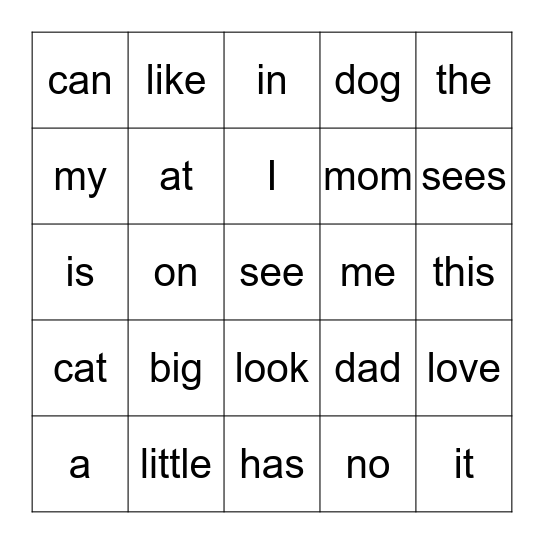 My Words Bingo Card