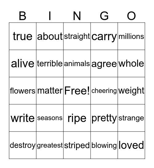 Vocabulary Bingo Card