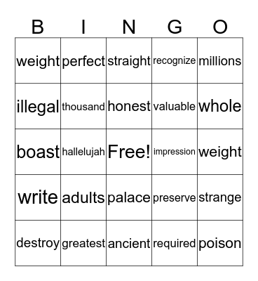 Vocabulary Bingo Card