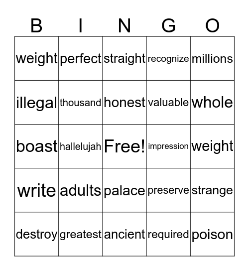 Vocabulary Bingo Card