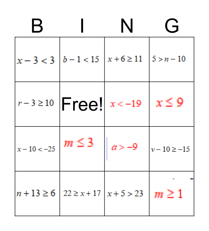 Inequality Bingo Card