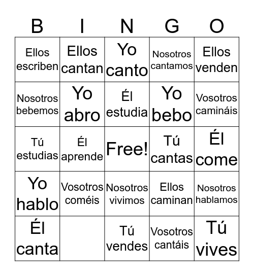 El presente indicativo de los verbos: -ar, -er y -ir Bingo Card