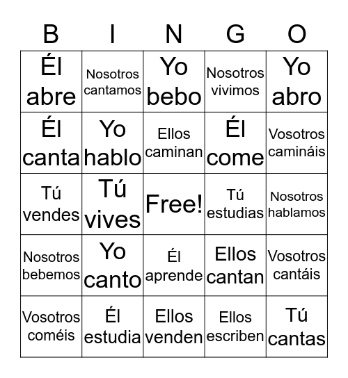 El presente indicativo de los verbos: -ar, -er y -ir Bingo Card