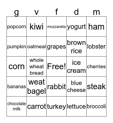 nutrition bingo Card