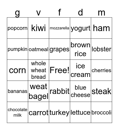 nutrition bingo Card