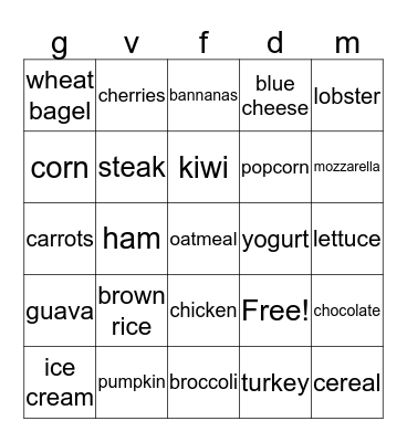 nutrition bingo Card