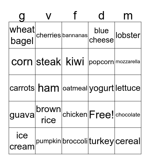 nutrition bingo Card