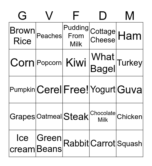 Nutrition Bingo  Bingo Card