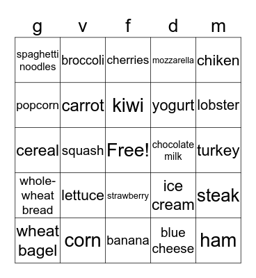nutrition bingo Card