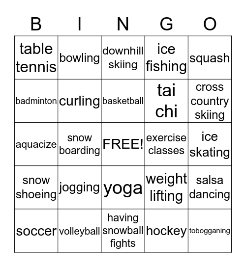 Sports and Physical Actvities Vocabulary Bingo Card