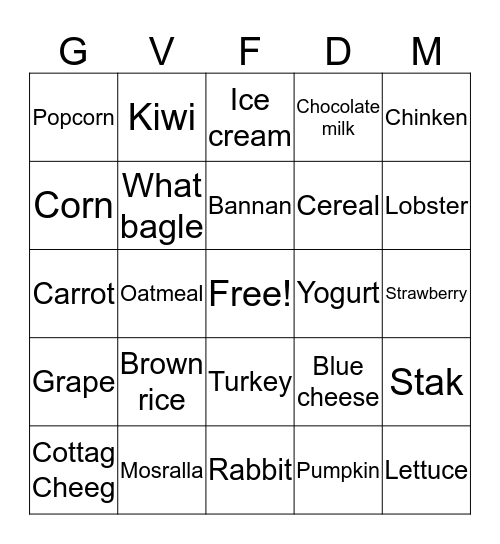Nutrition Bingo Card
