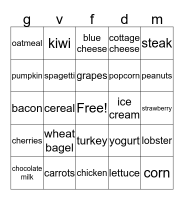 nutrition Bingo Card