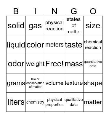 Properties of Matter Bingo Card