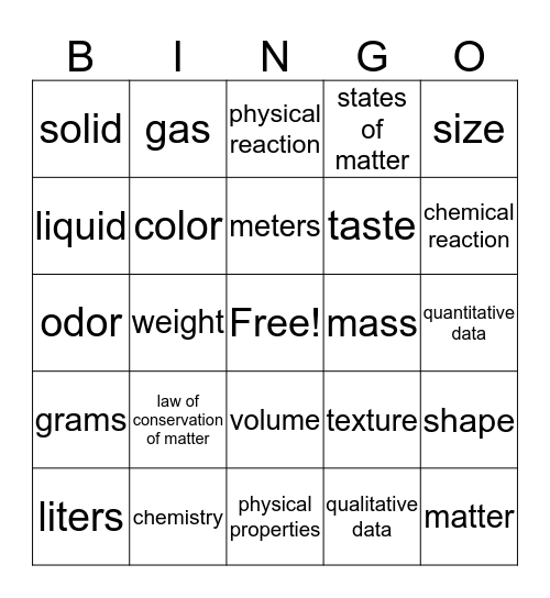 Properties of Matter Bingo Card