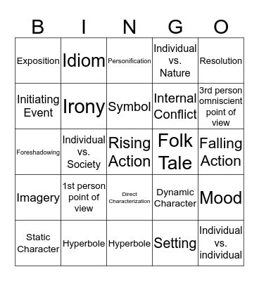 Fiction Vocab Words  Bingo Card