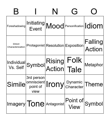 Fiction Vocab Words  Bingo Card