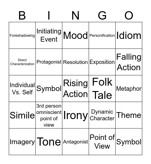 Fiction Vocab Words  Bingo Card