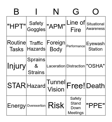 Safety Bingo Card