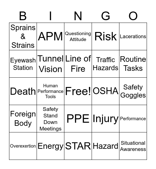 Safety Bingo Card