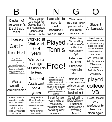 Staff College Experiences Bingo Card