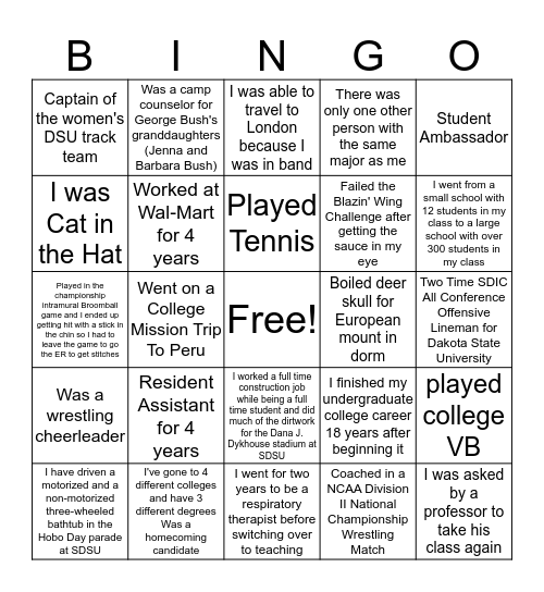 Staff College Experiences Bingo Card